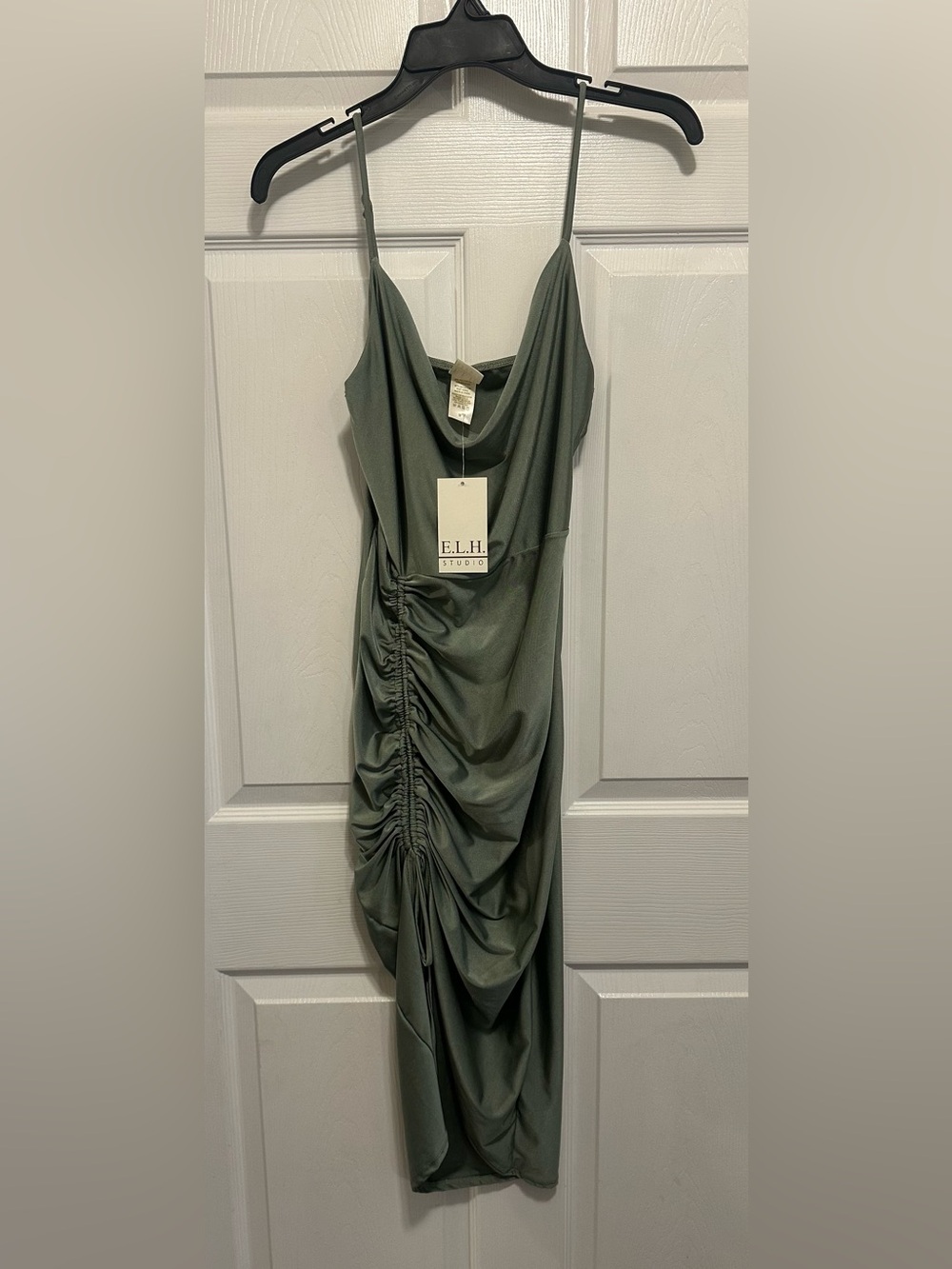 Olive Green Ruched Cowl Neck Long Sleeve Dress